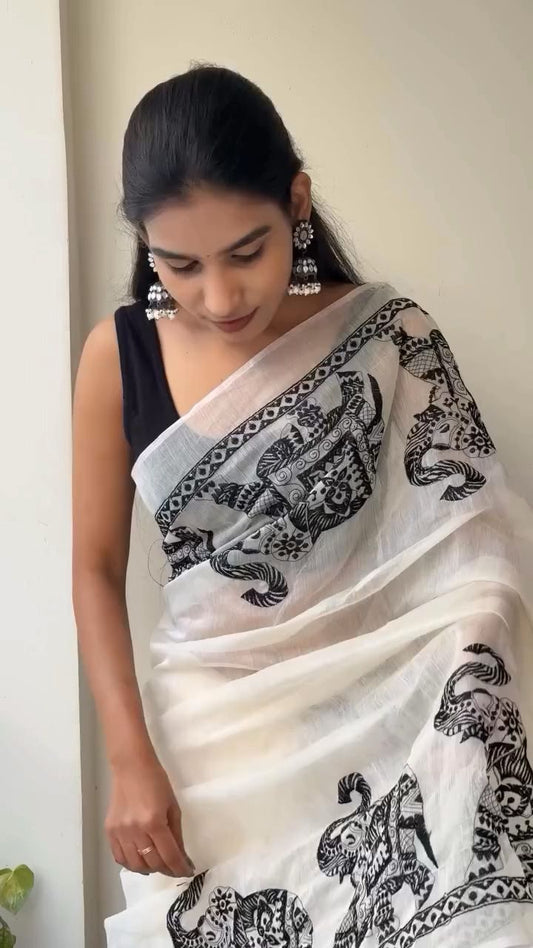 Black Printed over White Designer Linen Saree